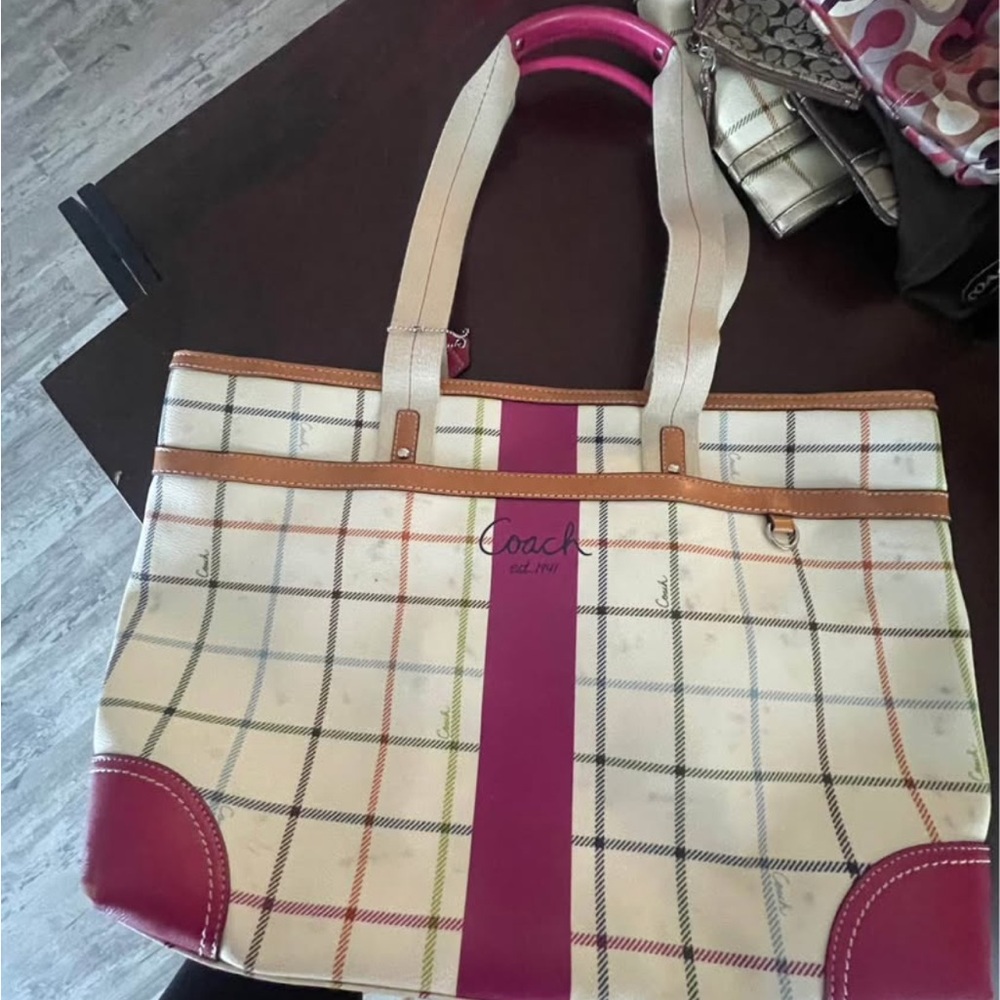 Coach Pink and Cream Plaid Tote Bag